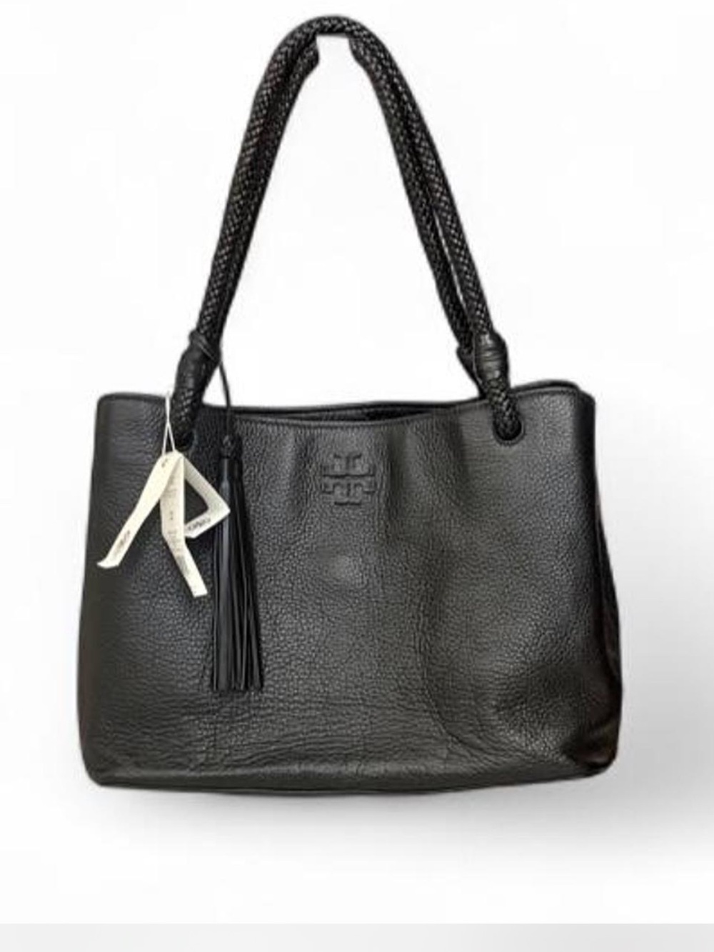 NWT Black Tory Burch Leather Tote Handbag with Braided Handles - Picture 2 of 9